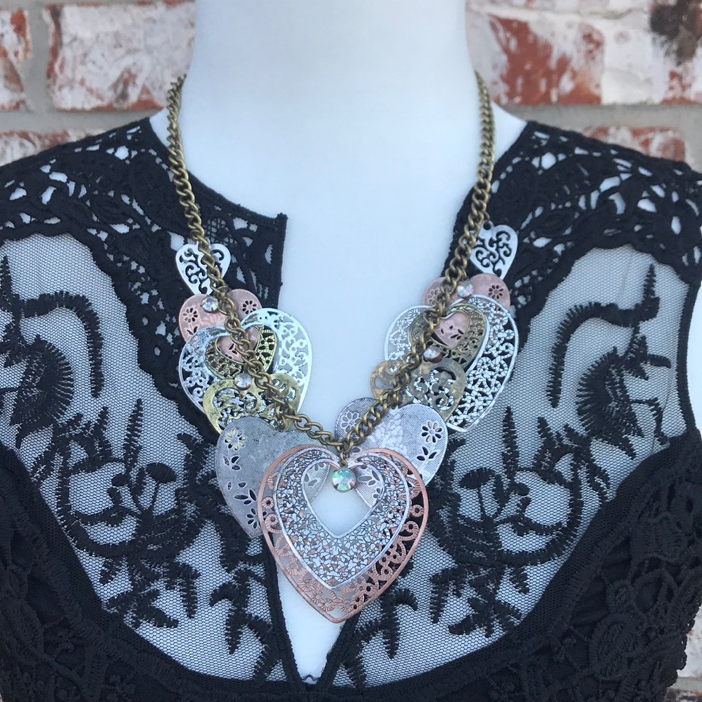Shabby chic multi color metal filigree heart necklace bronze copper silver